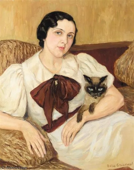 Portrait Of A Lady With Her Cat — Boris Dmitrievich Grigoriev