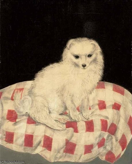 Chien Assis Sur Coussin Rouge Et Blanc — Фуджита