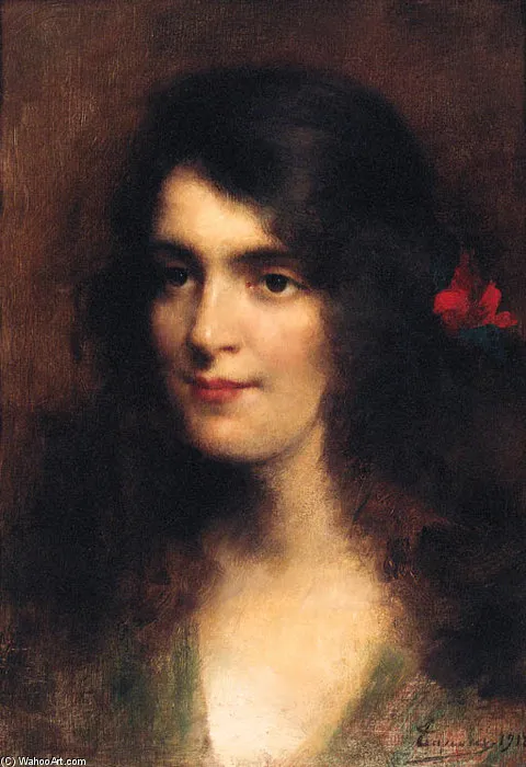 A Young Beauty With A Red Flower In Her Hair — Adrien Henri Tanoux