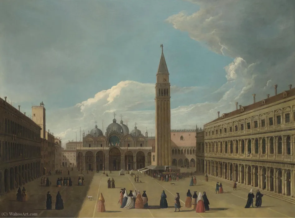 Venice, A View Of The Piazza San Marco, With Figures Gathered Round An Artist Painting A Portrait On A Stage — Johann Richter