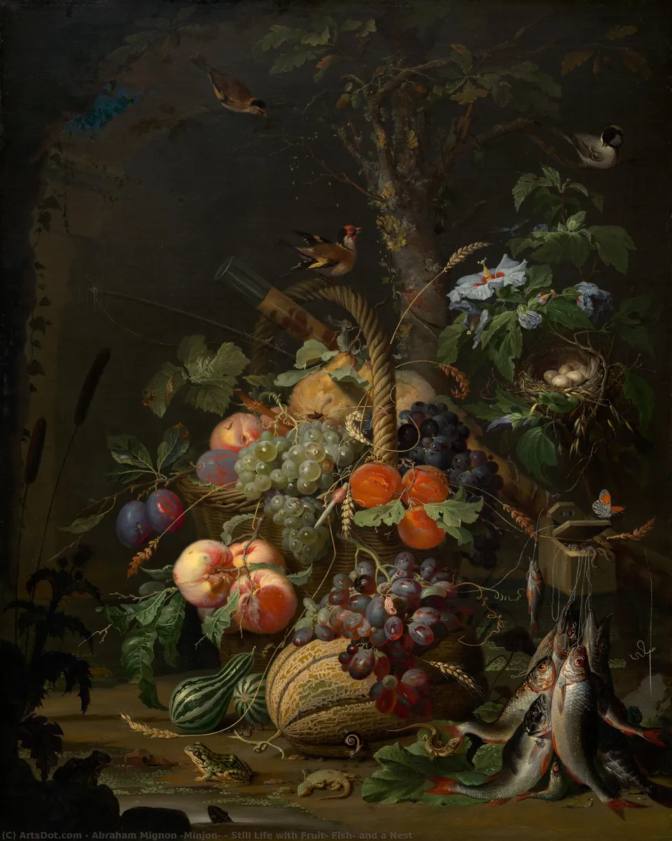 Still Life With Fruit, Fish, And A Nest — Abraham Mignon (minjon)