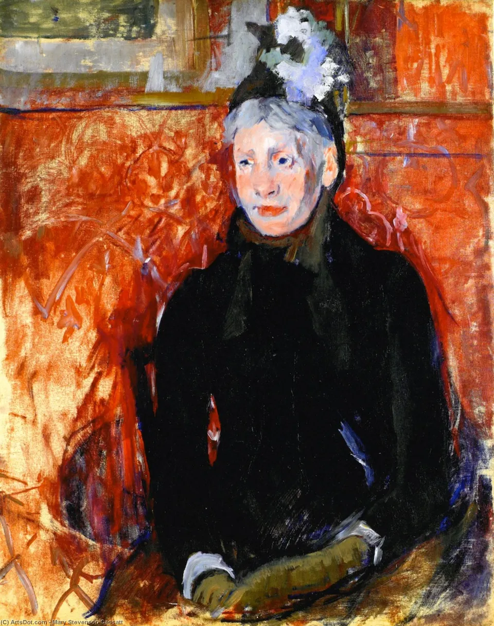 Portrait Of An Elderly Lady In A Bonnet: Red Background — Mary Stevenson Cassatt