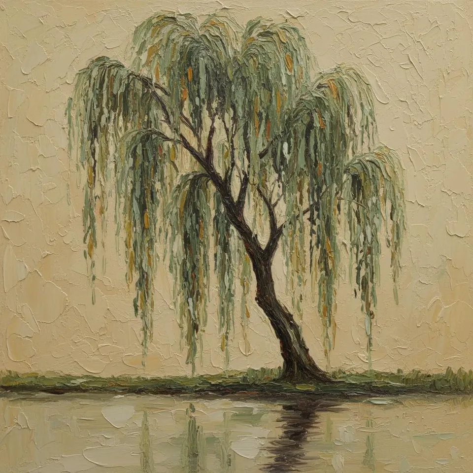 Solitary Willow In Ochre Mist: A Singular Study Of Melancholic Serenity — David Moreau