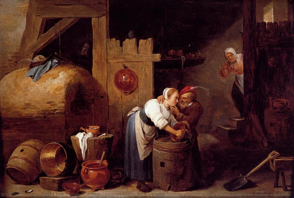 Interior Scene With A Young Woman Scrubbing Pots While An Old Man Makes Advances — Дэвид Теньер Старший