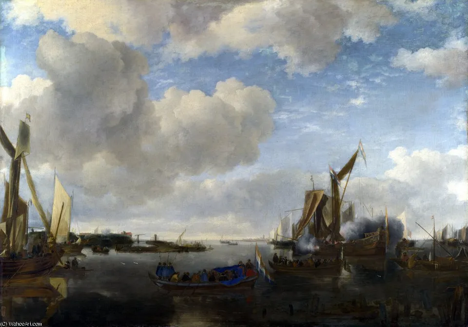 A River Scene With A Dutch Yacht Firing A Salute — ヤン・ファン・デ・カッペレ