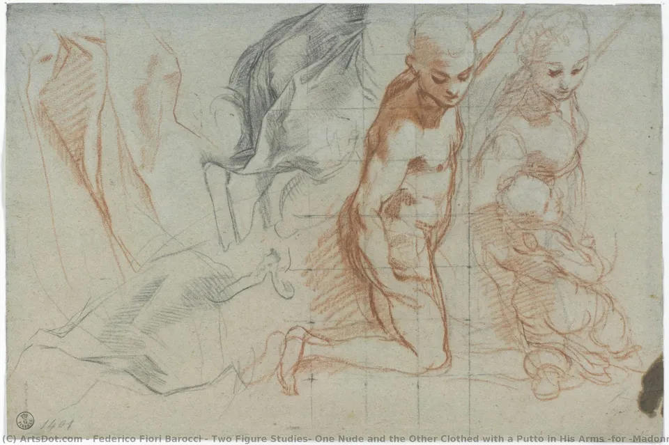 Two Figure Studies, One Nude And The Other Clothed With A Putto In His Arms (for “madonna Del Popolo”, Firenze, Galleria Degli Uffizi); Drapery Studies — Федерико Барокки