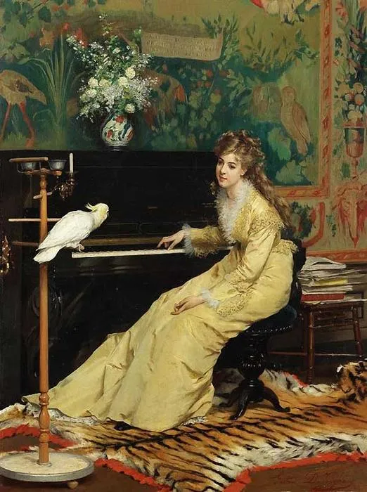 Woman At The Piano With A Cockatoo — Gustave Léonhard De Jonghe