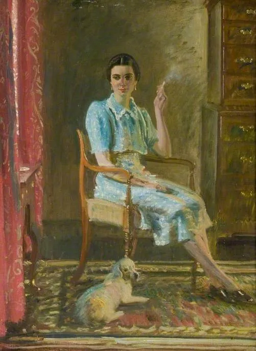 Miss Hancock, Seated Smoking With A Dog In An Interior — Маннингс