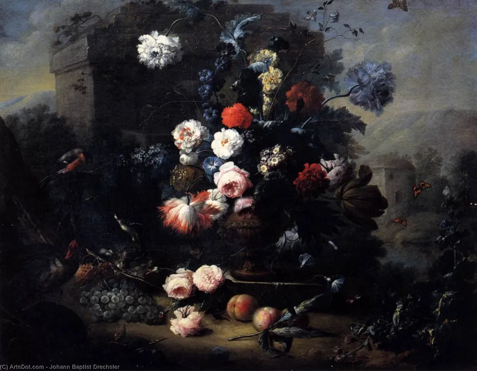 Still-life With Flowers, Fruit And Birds In The Open — Johann Baptist Drechsler