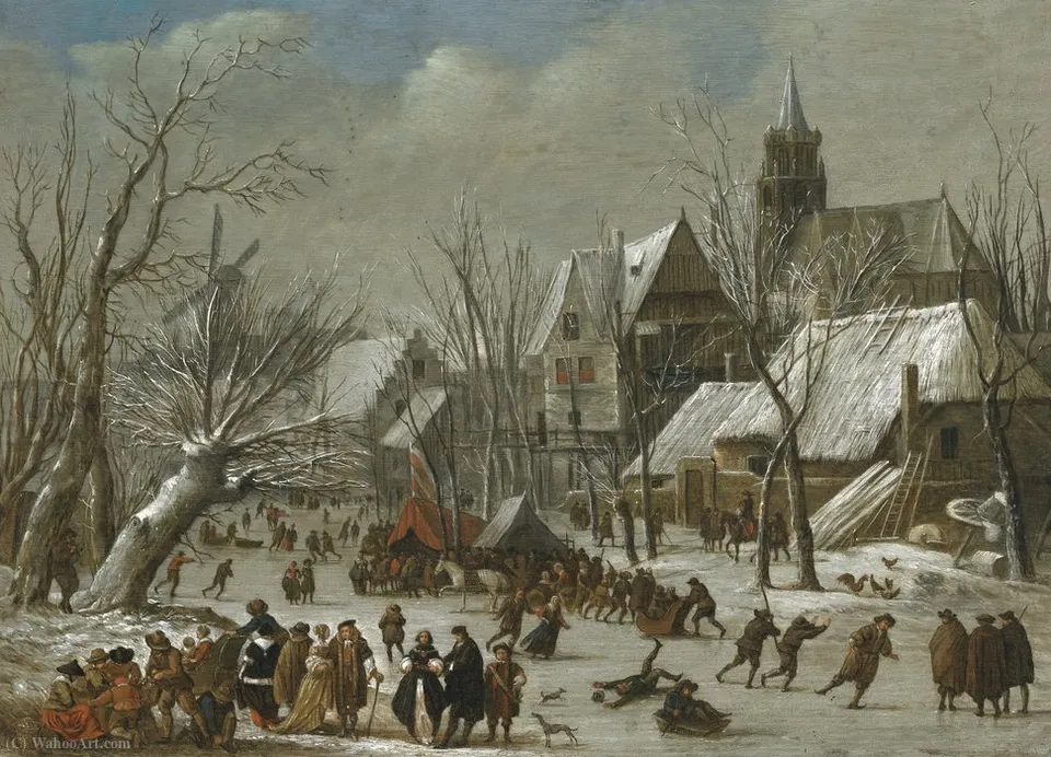 A Winter Landscape With Figures On A Frozen Canal — Gerrit Van Battem