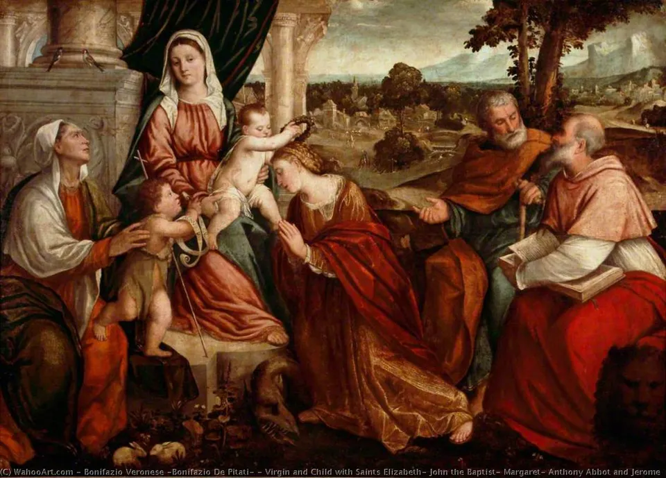 Virgin And Child With Saints Elizabeth, John The Baptist, Margaret, Anthony Abbot And Jerome — Бонифацио Веронезе