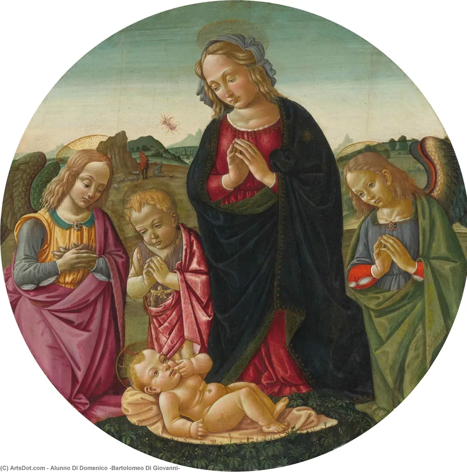 Madonna And Infant St John The Baptist Adoring The Christ Child With Two Angels — Alunno Di Domenico (bartolomeo Di Giovanni)