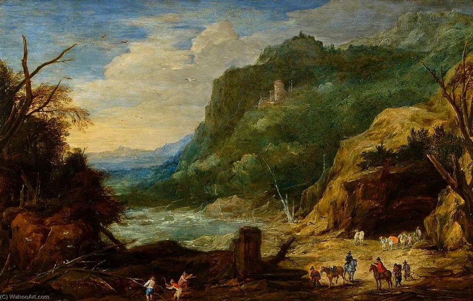 River With Castle, Horsemen And Woodcutters — Joos De Momper The Younger