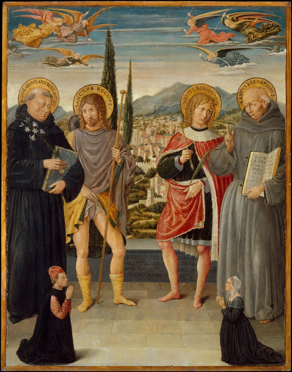 Saints Nicholas Of Tolentino, Roch, Sebastian, And Bernardino Of Siena, With Kneeling Donors — Бензозо Гоззоли