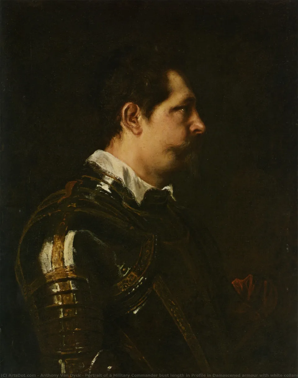 Portrait Of A Military Commander Bust Length In Profile In Damascened Armour With White Colland Red Sash — Антоний Ван Дейк