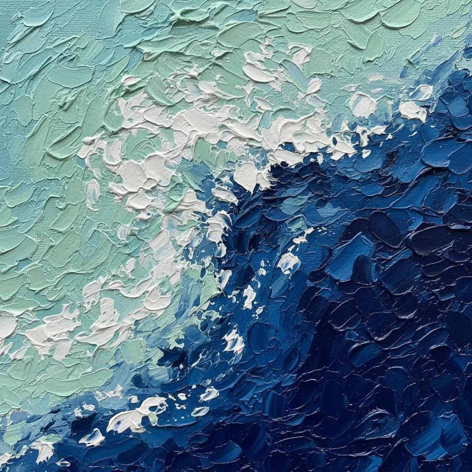 Ephemeral Tides In Sculptural Navy And Seafoam: A Monumental Impasto Masterpiece — David Moreau