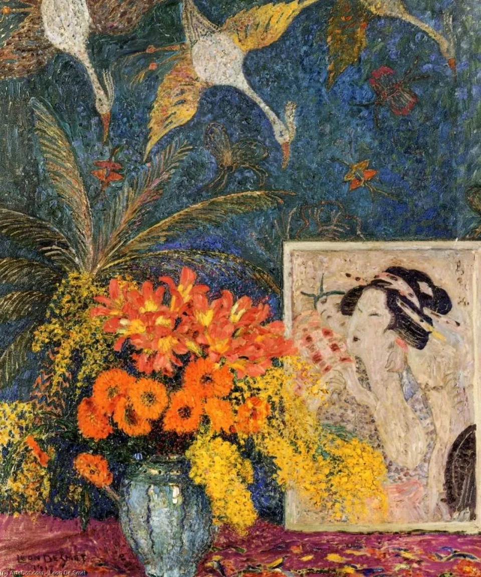 Still Life Vase Of Flowers And Engraving Of A Japanese Wood — Leon De Smet