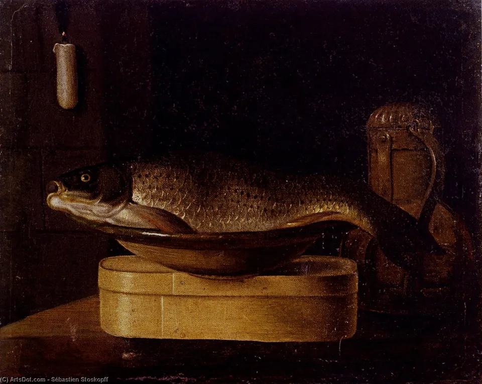 Still Life Of A Carp In A Bowl Placed On A Wooden Box — Себастьян Стоскопф