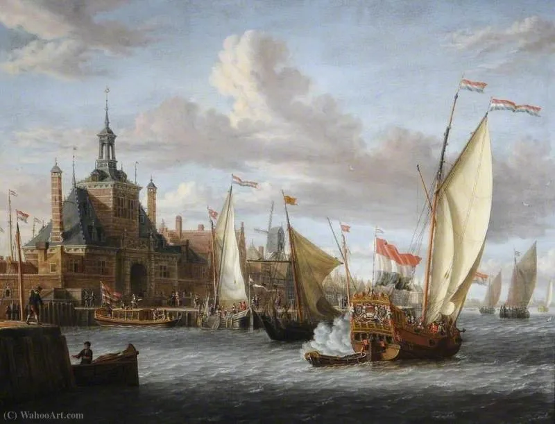 A Zeeland States Yacht Firing A Salute Off The Oude Hooftdpoort, Rotterdam, The Netherlands — Jacobus Storck