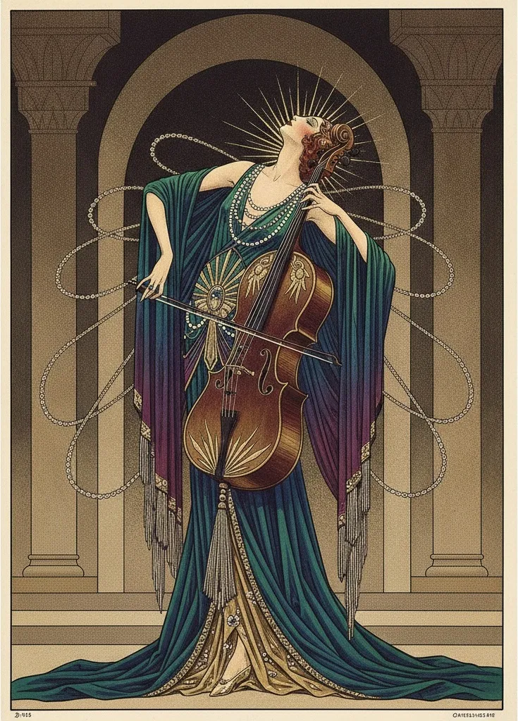 Cello And Silk Beneath A Golden Sunburst Arch — Valentin Laurent De Courcey
