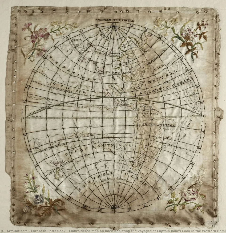 Embroidered Map On Linen Depicting The Voyages Of Captain James Cook In The Western Hemisphere — Elizabeth Batts Cook