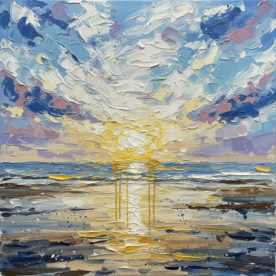 Radiant Solar Horizon: A Meditative Impasto Study In Cerulean And Gold — Christian Noiret