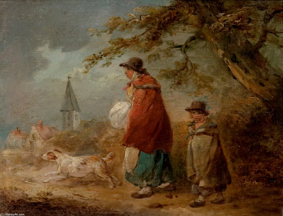 Woman, Child And Dog On A Road — Джордж Морленд