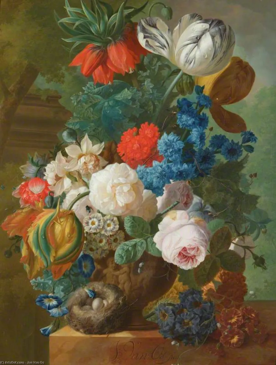 Roses, Tulips And Crown Imperial In A Vase With A Bird's Nest — Ян Ван Ос