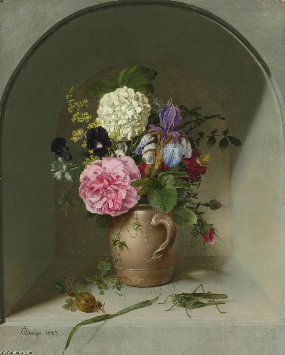 Flowers In A Clay Jug On A Niche With Grasshopper — Johann Wilhelm Preyer