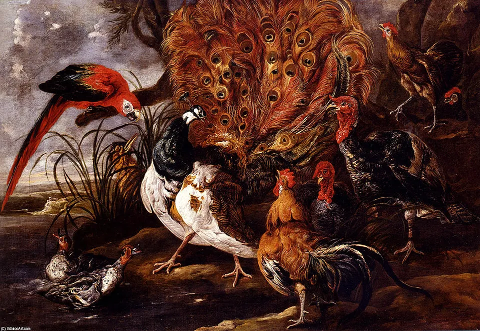 A Peacock In A Landscape With Roosters, Turkeys, Ducks, A Heron And A Parrot — Jan Fyt