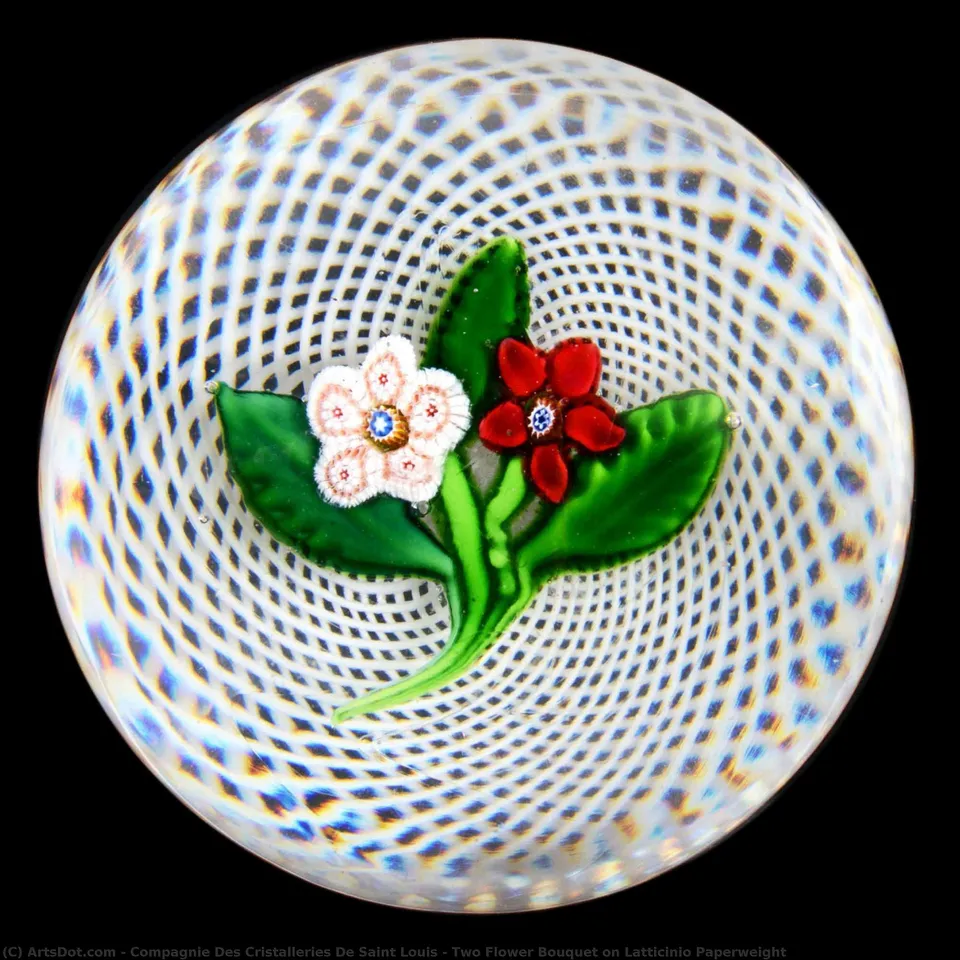 Two Flower Bouquet On Latticinio Paperweight — Compagnie Des Cristalleries De Saint Louis
