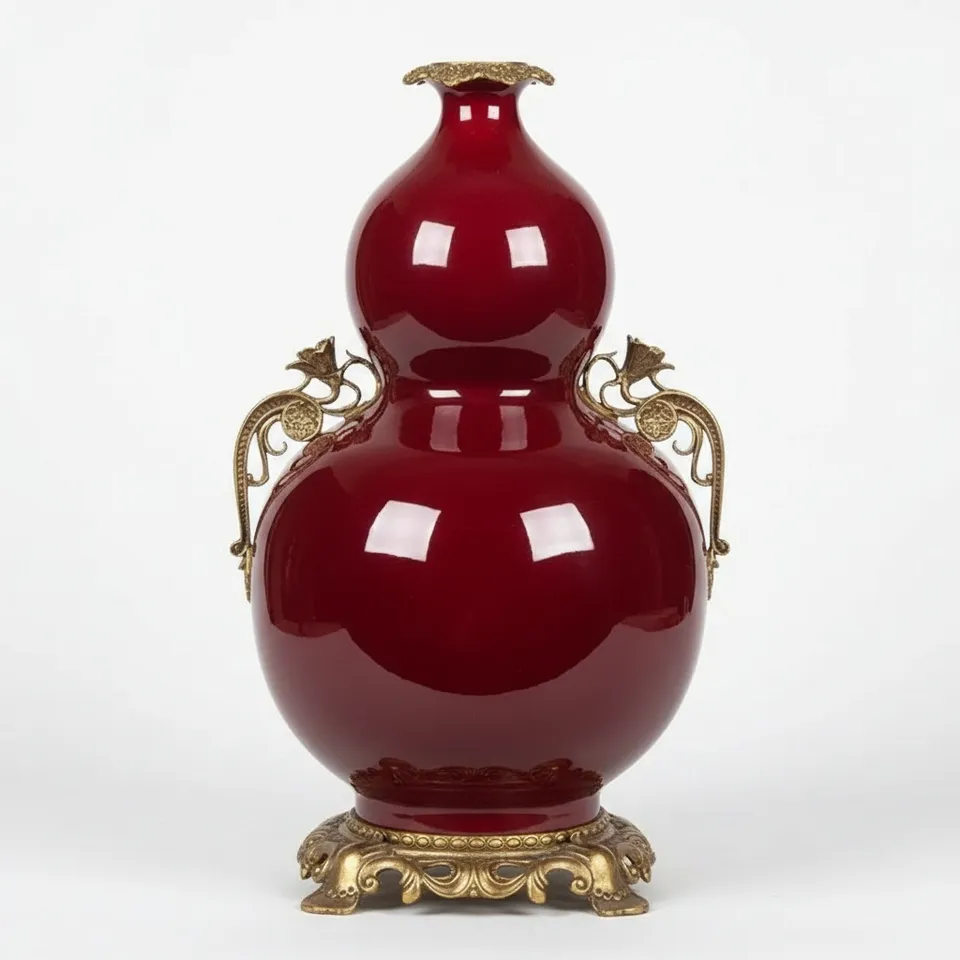 Gourd-shaped Red Ceramic Vase With Gold Accents - 18" Tall