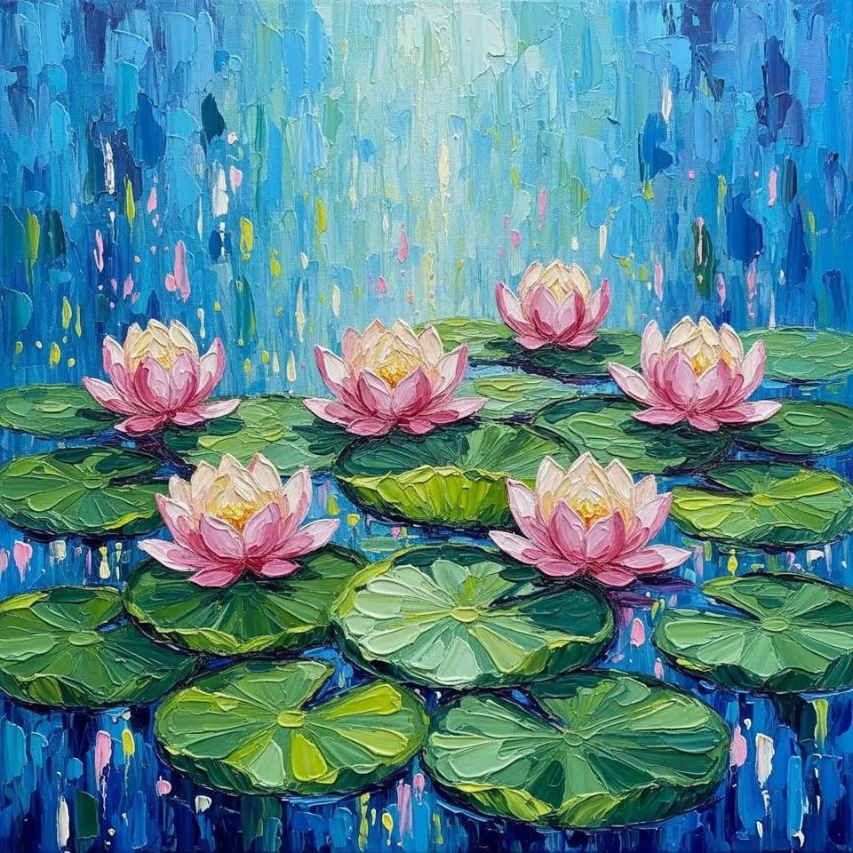 Luminous Echoes Of Serenity: A Singular Study In Impasto Petals And Azure Depths — Christian Noiret