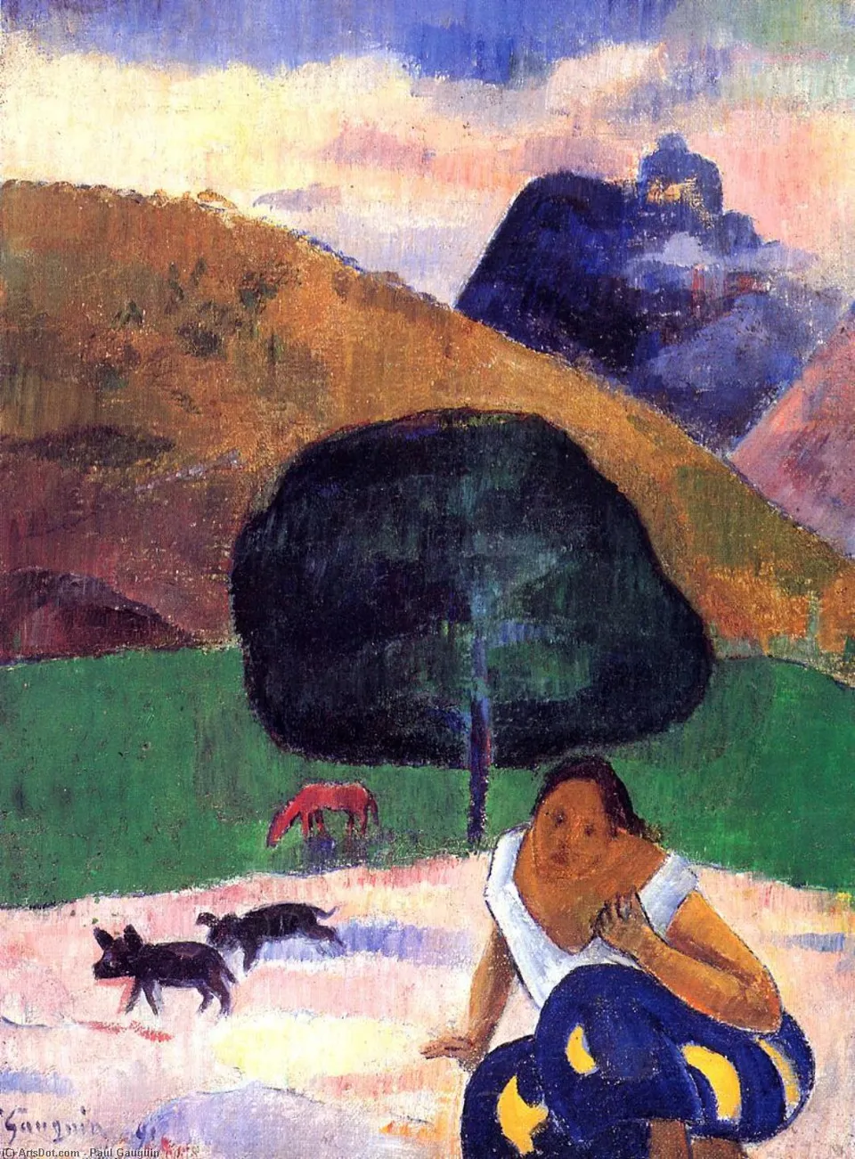 Landscape With Black Pigs And A Crouching Tahitian — Гоген
