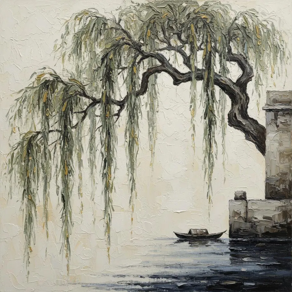 Solitude In Ochre: A Meditative Study Of The Weeping Willow And Silent Waters — Laurent Garnier