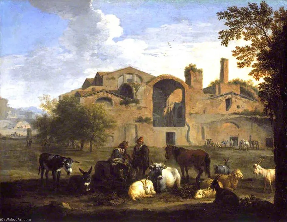 Landscape With Herdsmen And Animals In Front Of The Baths Of Diocletian, Rome — Pieter Van Bloemen