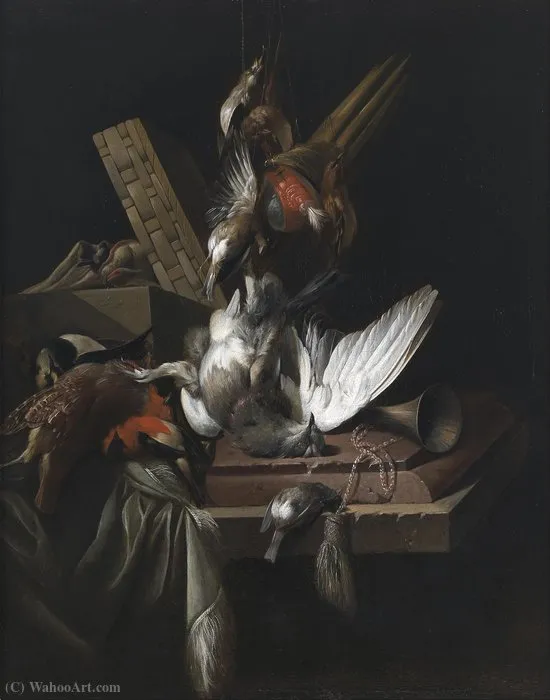 Still Life With Game Birds And Implements Of The Chase On A Draped Stone Ledge — William Gowe Ferguson