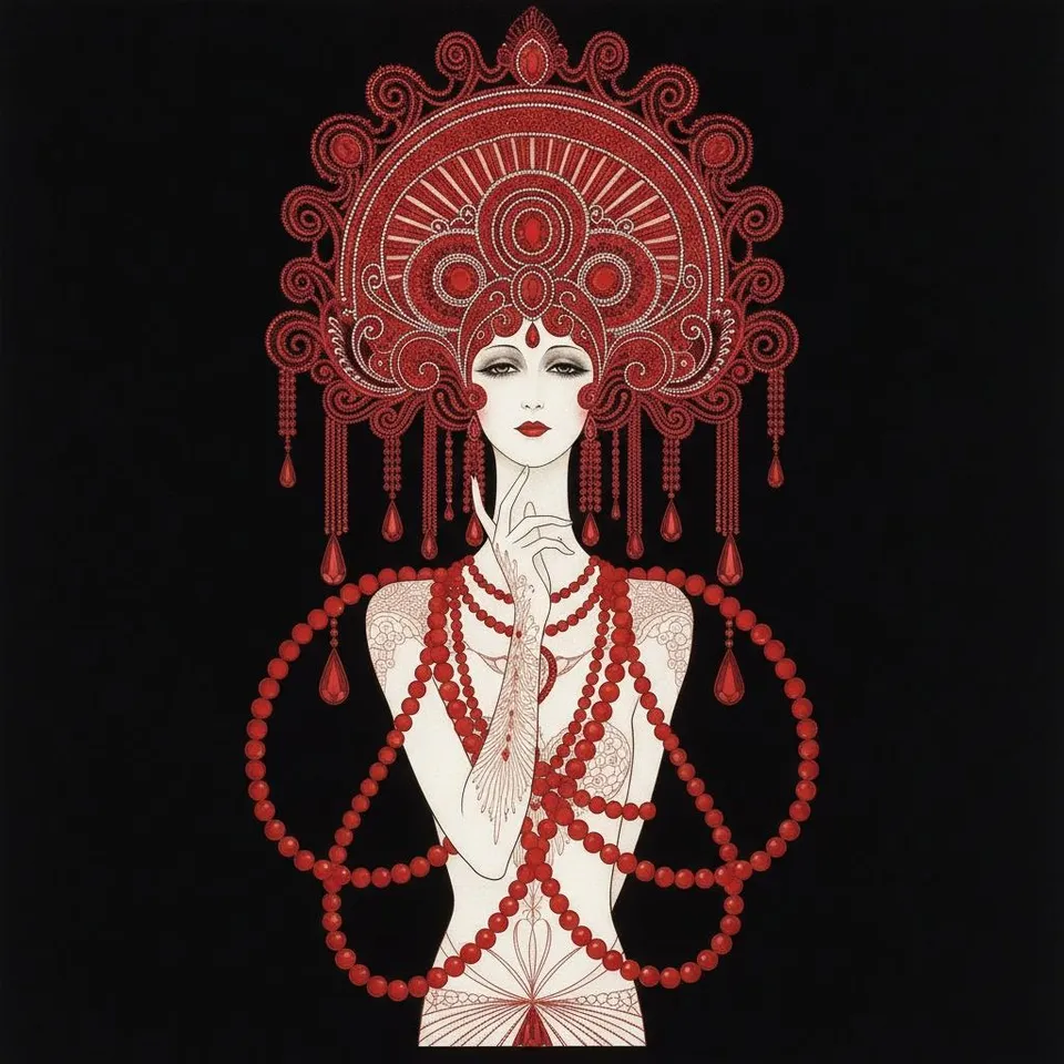 Crimson Filigree And Porcelain Silhouette In Radial Ornamentation — Valentin Laurent De Courcey