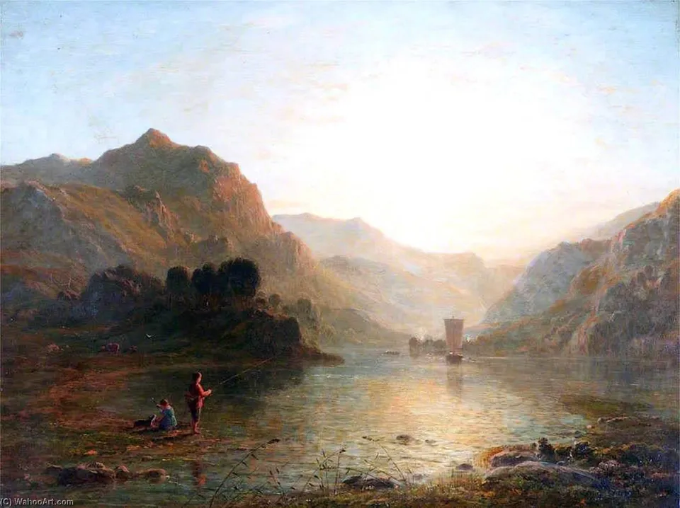 Lake And Mountain Scene With A Boy Fishing — Thomas Danby