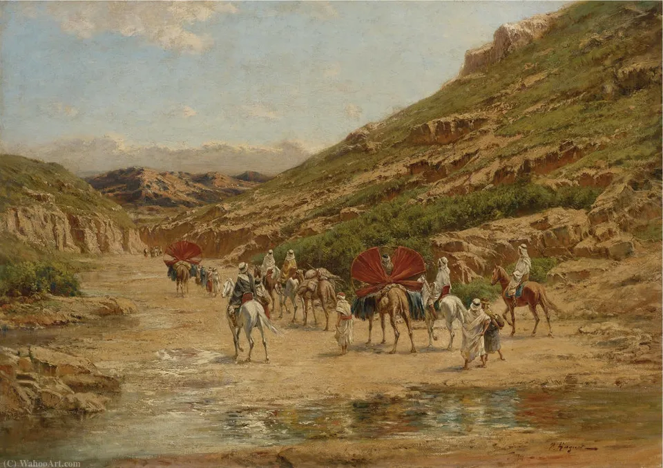 An Algerian Caravan Crossing A Riverbed — Victor Pierre Huguet