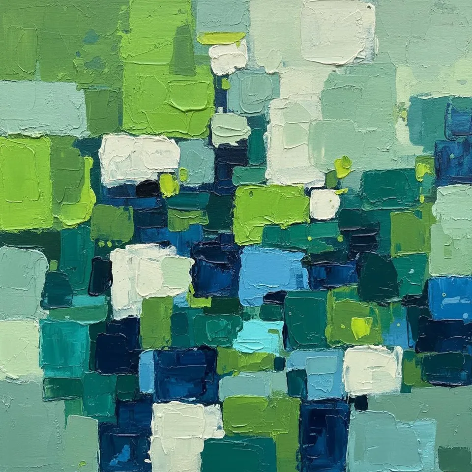 Fragmented Verdant Echoes: A Singular Study In Layered Emerald And Deep Navy Impasto — Christian Noiret