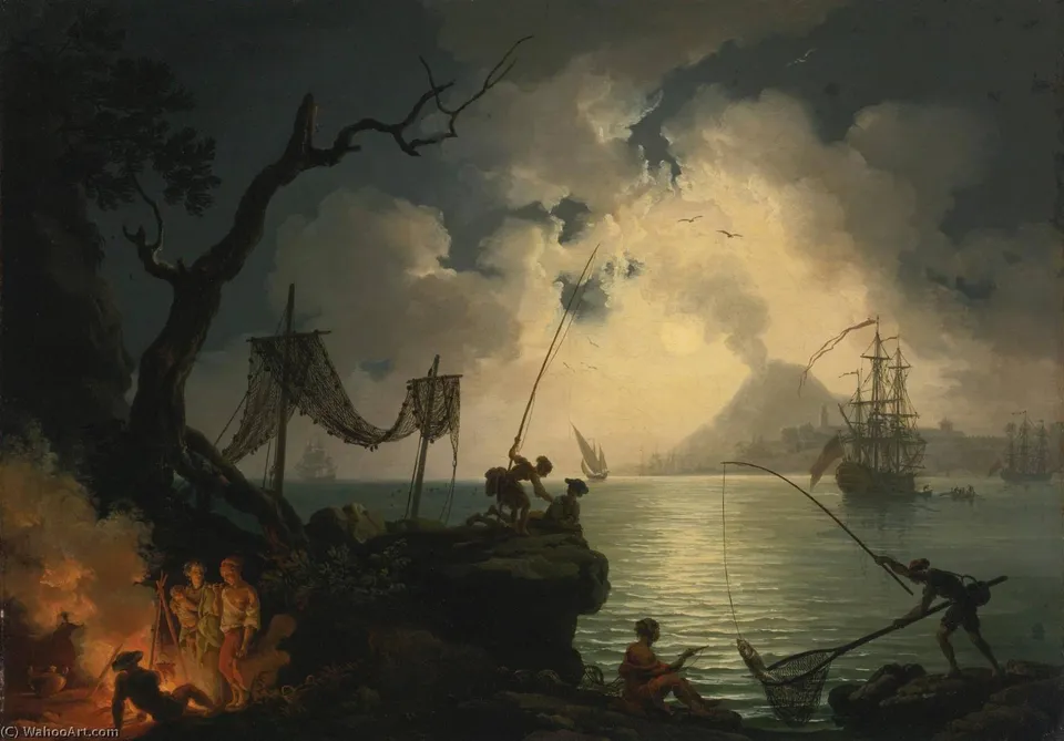 A Nocturnal Mediterranean Coastal Scene, With Vesuvius In The Background — Пьер-жак Волер
