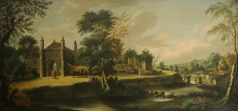 A Gothic Gateway By A River (a View Of Mabland) — Johann Heinrich Müntz