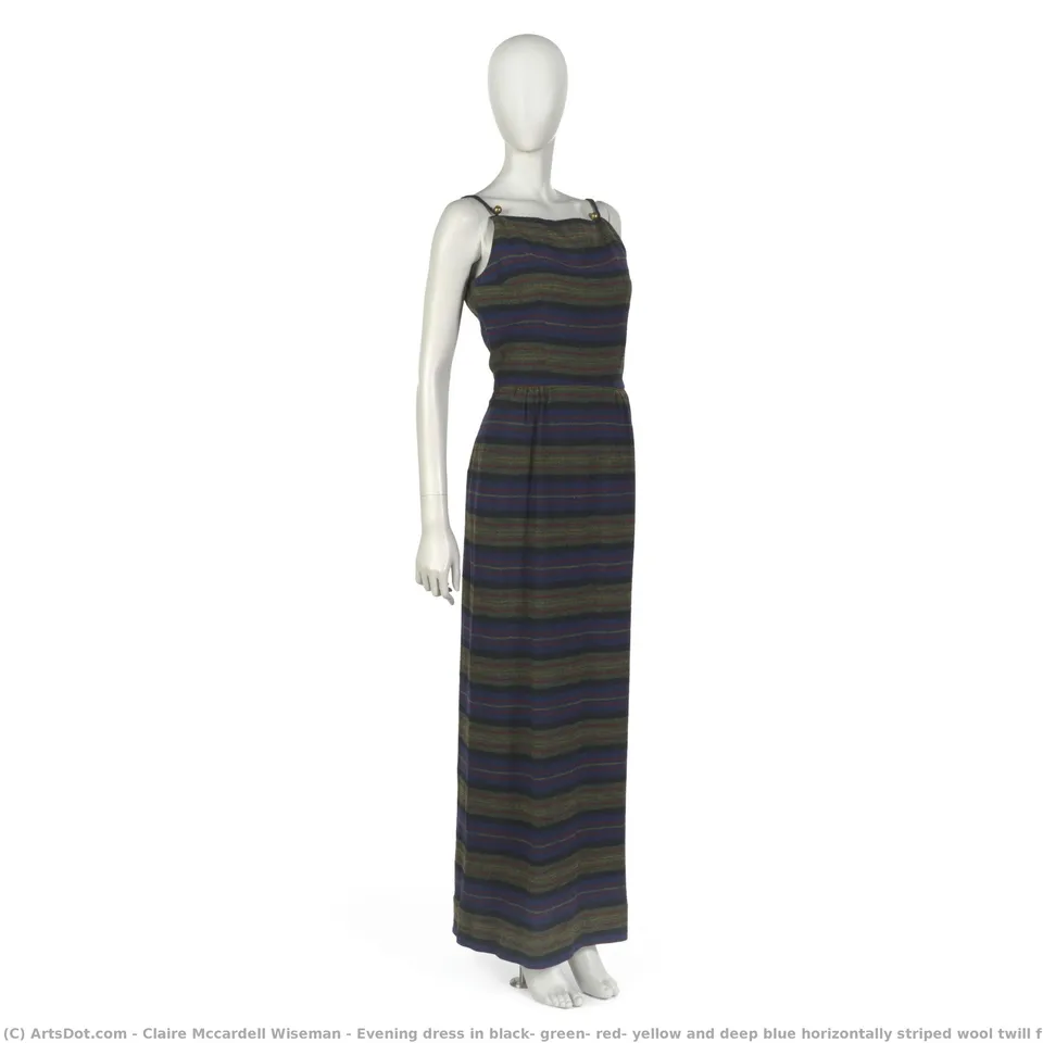 Evening Dress In Black, Green, Red, Yellow And Deep Blue Horizontally Striped Wool Twill Flannel — Claire Mccardell Wiseman