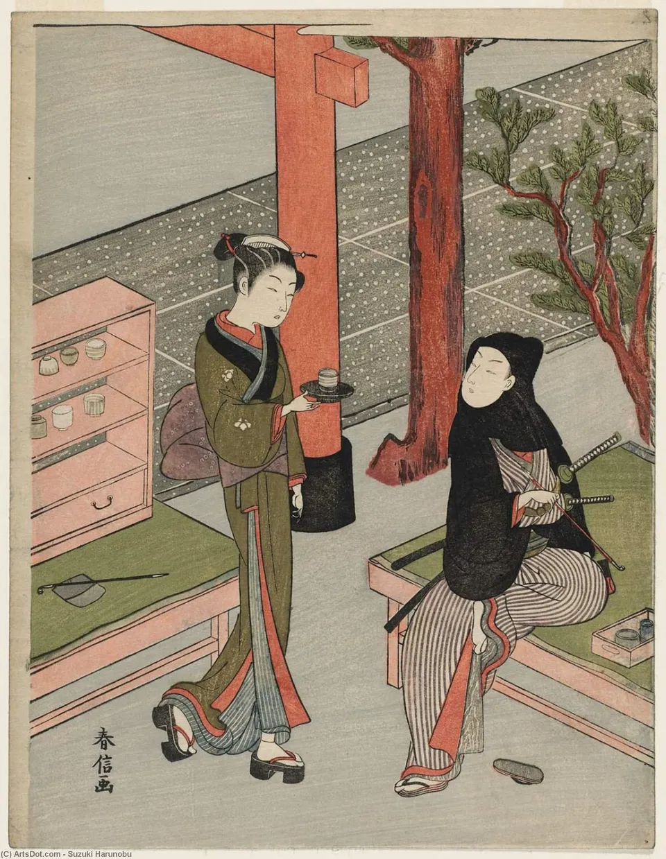 Osen Of The Kagiya And A Young Samurai In A Black Hood — Судзуки Харунобу