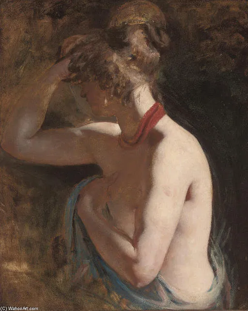 Study Of A Female Nude, Half-length, Draped In A Blue Wrap With A Red Scarf Around Her Neck — Уильям Этти
