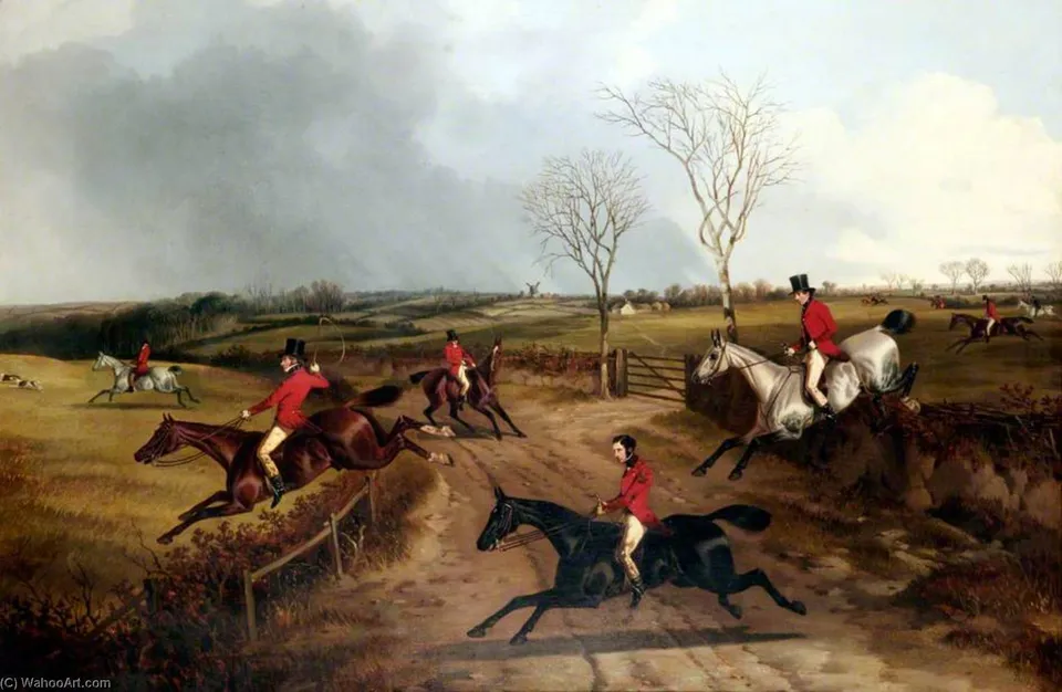 The Lane Members Of A Hunt Jumping The Fences By A Lane — John Dalby