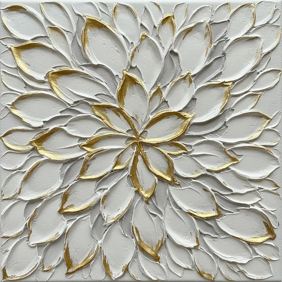 Radiant Gilded Petals In A Sculptural Dance Of White And Gold Relief — David Moreau