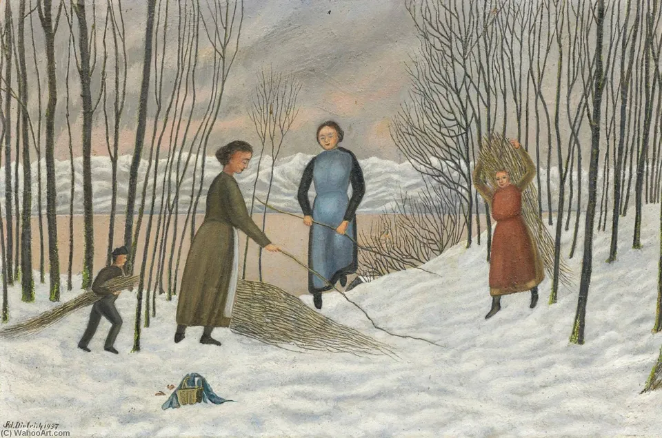 Frauen Und Kinder, Holz Sammelnd Im Schnee, 1937 — Adolf Dietrich