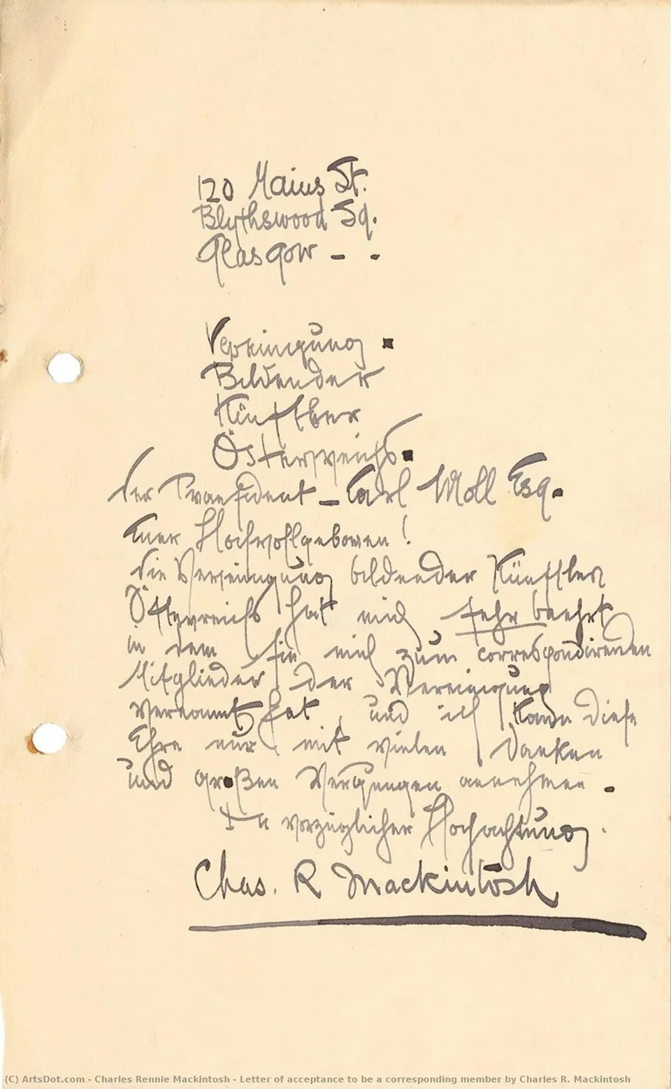Letter Of Acceptance To Be A Corresponding Member By Charles R. Mackintosh — Чарльз Ренни Маккинтош